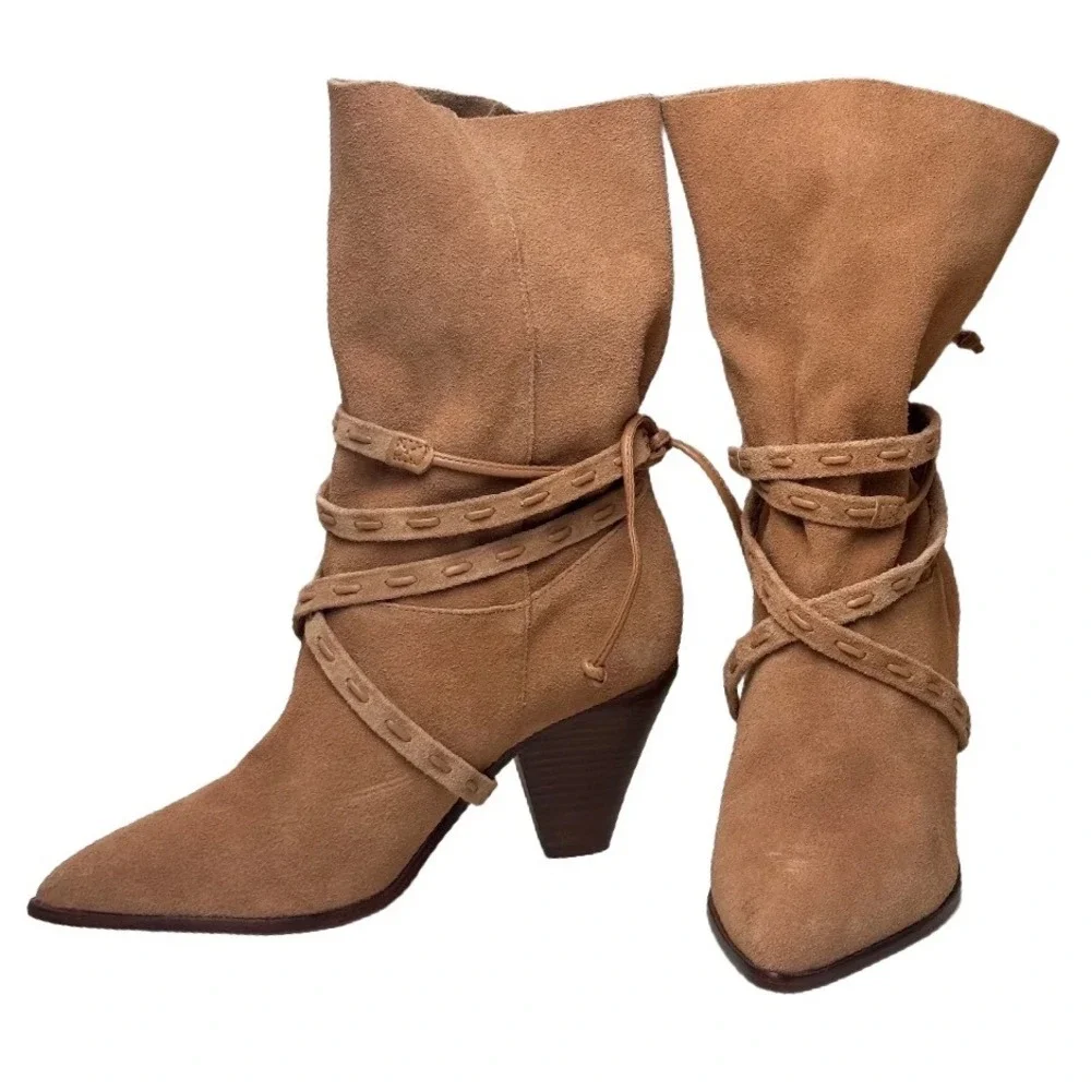 Schutz Portia Suede Ankle Boots Honey Peach Tan Leather Wrap Straps Size 6B - Picture 3 of 9